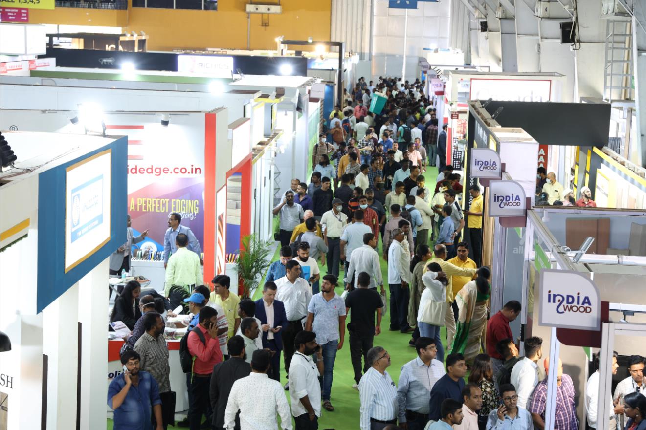 crowd examining stalls at INDIAWOOD - a renowned woodworking machinery and technology show