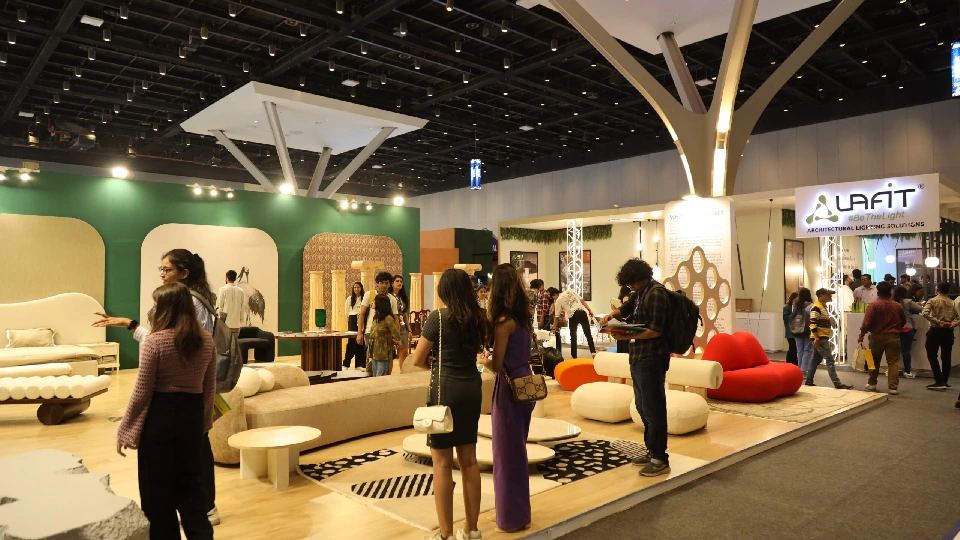 Visitors exploring modern architectural exhibits and furniture displays at the iDAC Expo 2024 in Hyderabad, showcasing innovative designs at the premier architecture expo ahead of iDAC 2025.